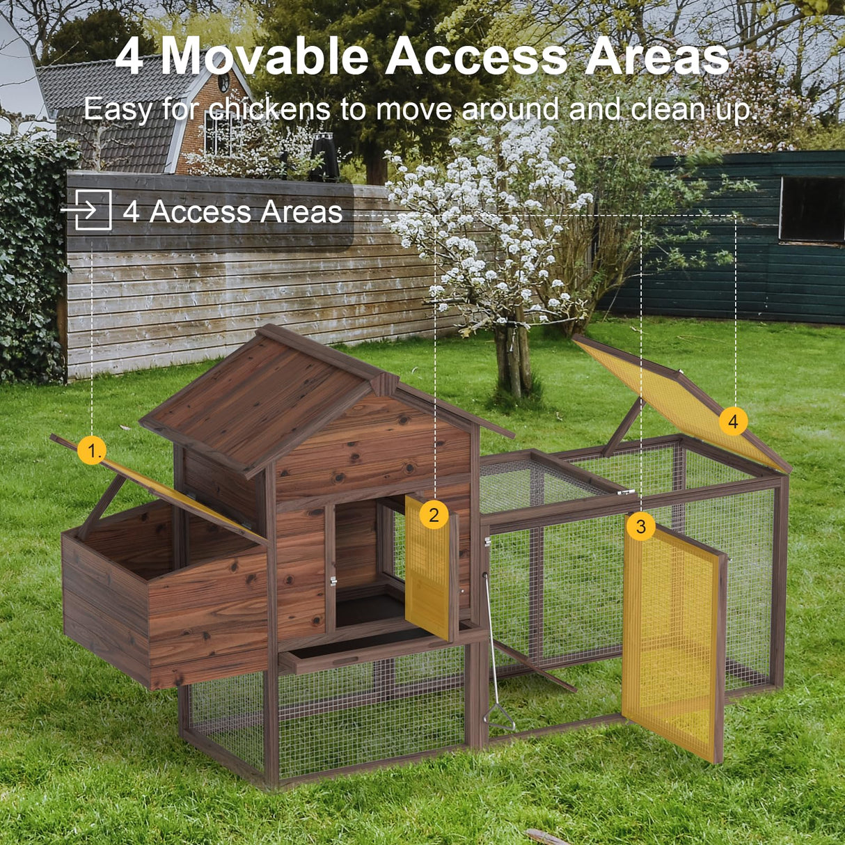 Wooden Chicken Coop Large Walk-in Outdoor Hen House with Nesting Box and Run,Poultry Cage Rabbit Hutch Waterproof UV Panel Cover for 2-4 Chickens 80''H Deep Brown #821 (80.75" L x 22" W x 44.5" H) Grezone