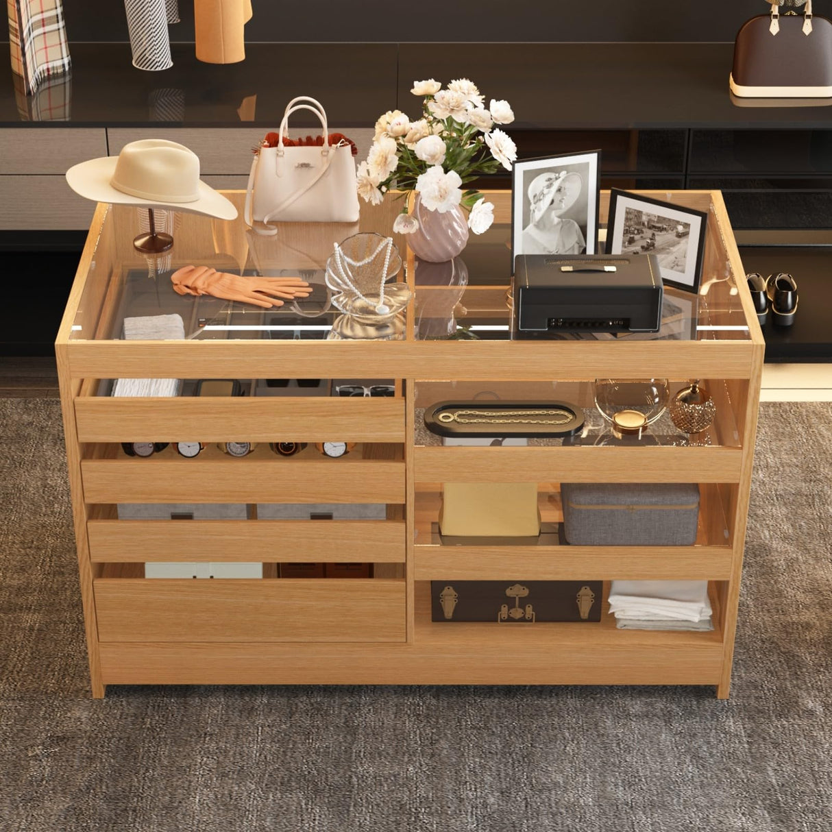 FAMAPY Walk in Closet Island with 4 Drawers, Bedroom Armoire Island with Glass Top, Glass Wardrobe Closet with Drawers & Shelves, Display Case for Dressing Room Cloakroom Oak, 27.6”D x 55.1”W x 35.4”H FAMAPY