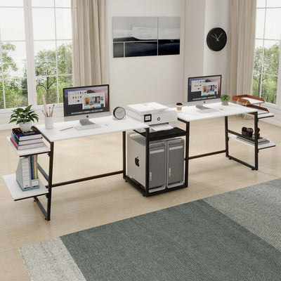 Natwind Two Person Desk with Storage Shelves, Double Desk with PC case/Shredder Stand, Study Writing Table,Computer Work Desk for Home Office,Home Craft Table Workstation, Heat Press Table,White