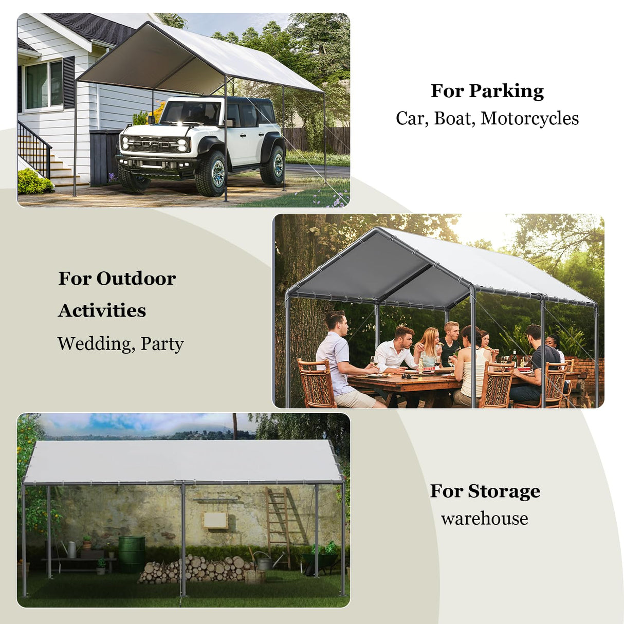 Carport, 10x20ft Heavy Duty Portable Garage, Car Port with Storage Shed, Car Canopy Car Tent with Steel Frame All-Season Tarp for Car, Truck, Boat, Party (B-White) TANGJEAMER