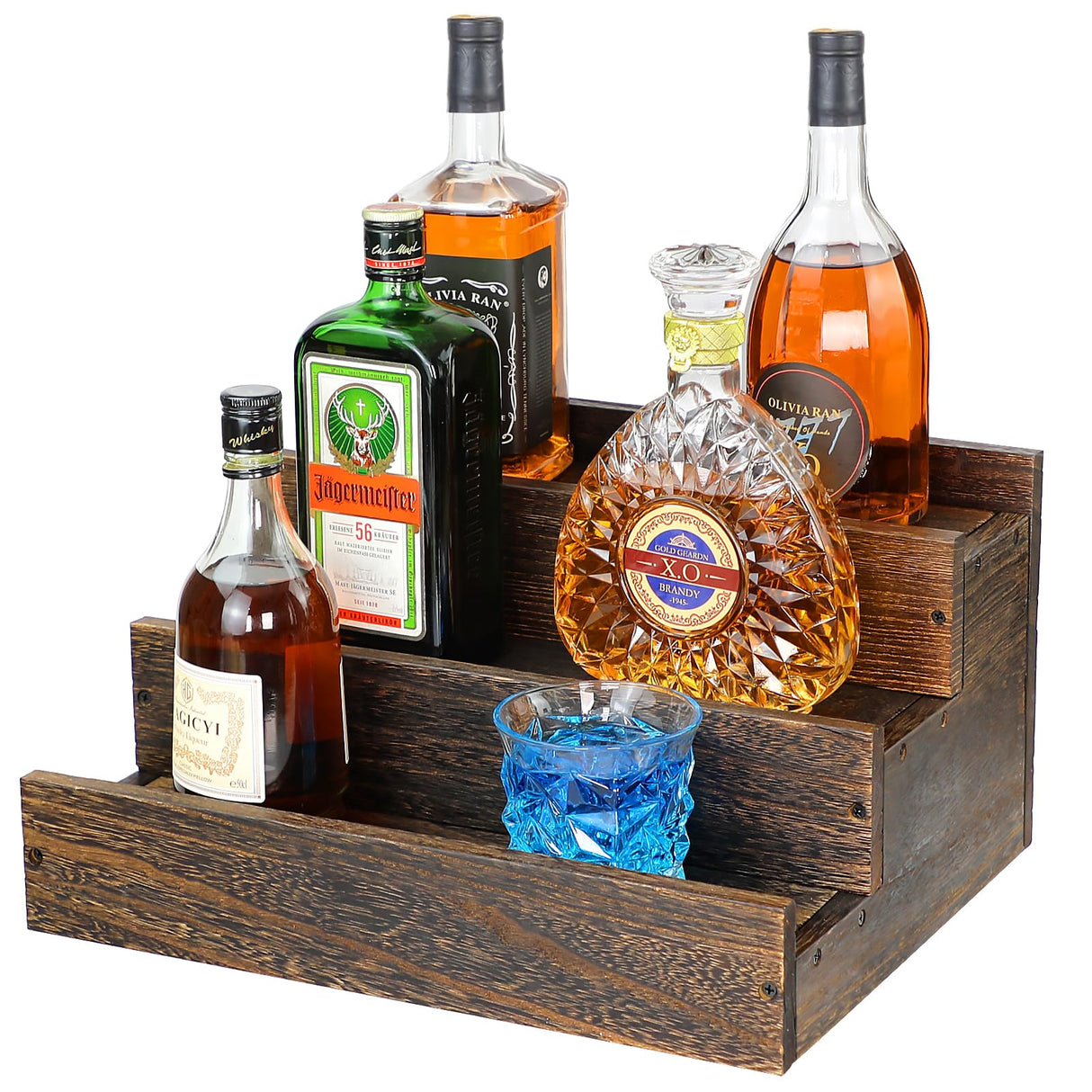 ERTIUANIO 3 Step Real Wood Countertop Liquor Bottle Display Shelf, 12 Bottle Freestanding Bar Shelves with Fences, Home Retro Wine Rack Storage Organizer, Whiskey Coffee Syrup Display Stand ERTIUANIO
