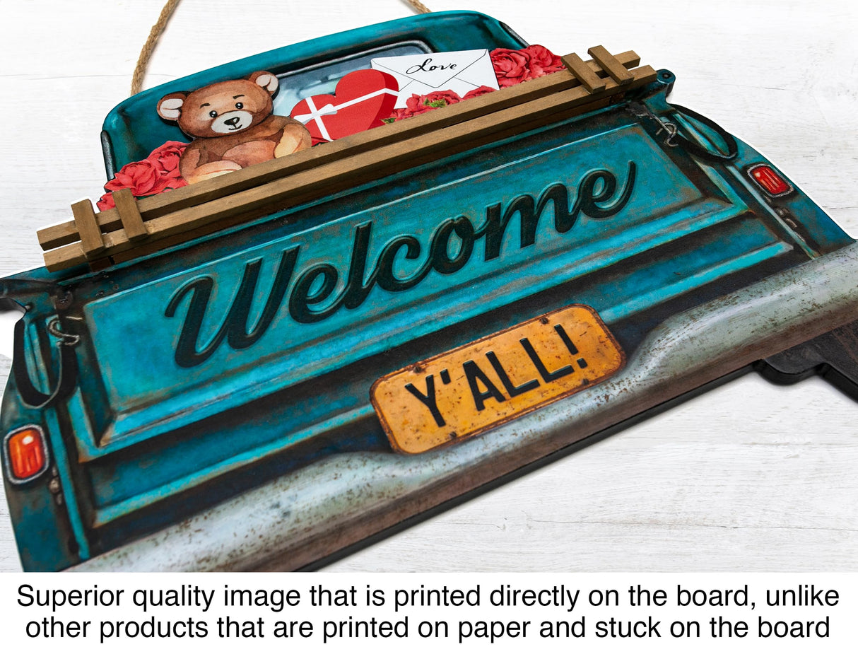 Interchangeable Welcome Sign for Front Door Blue Farmhouse Truck Decor Hanging Sign with 11 Interchangeable Seasonal and Holiday Decor Signs 12x14 in. (Blue Farmhouse Truck) Parallel Decor