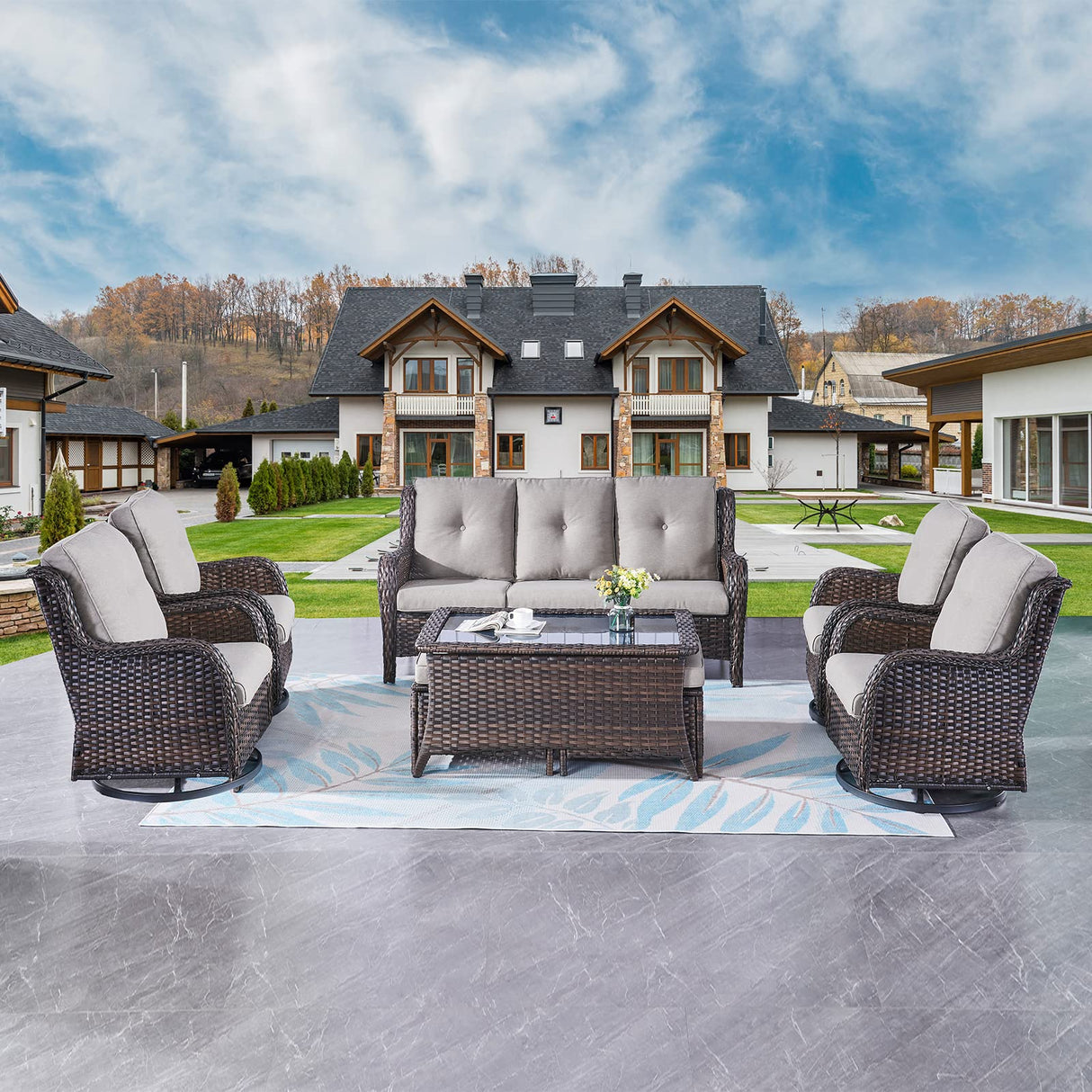 Rilyson Wicker Patio Furniture Set - 8 Piece Rattan Outdoor Sectional Conversation Sets with 4 Swivel Rocking Chairs,2 Ottomans,1 Sofa and 1 Coffee Table for Porch Deck Garden(Brown/Grey) Rilyson