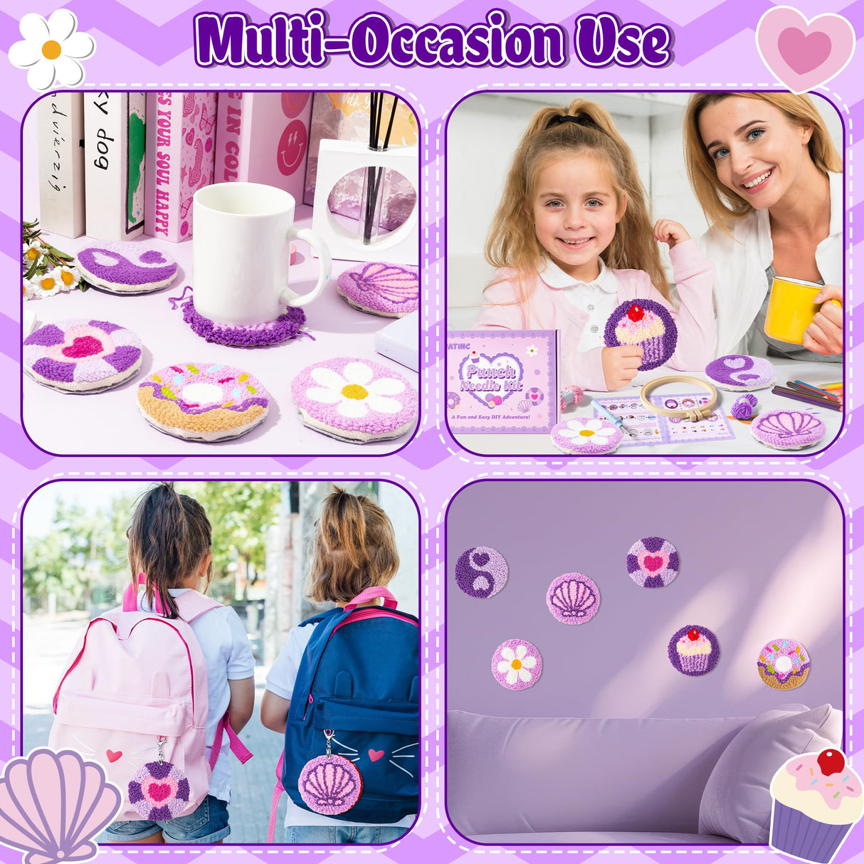 WATINC Punch Needle Coaster Kits - 23Pcs Easy Art Work Decor Craft Supply for Beginners, DIY Set of 6 Unique Pattern Tufted Pads with Adhesive Felt Yarns Tools Instruction Customized Boxes (Purple) WATINC