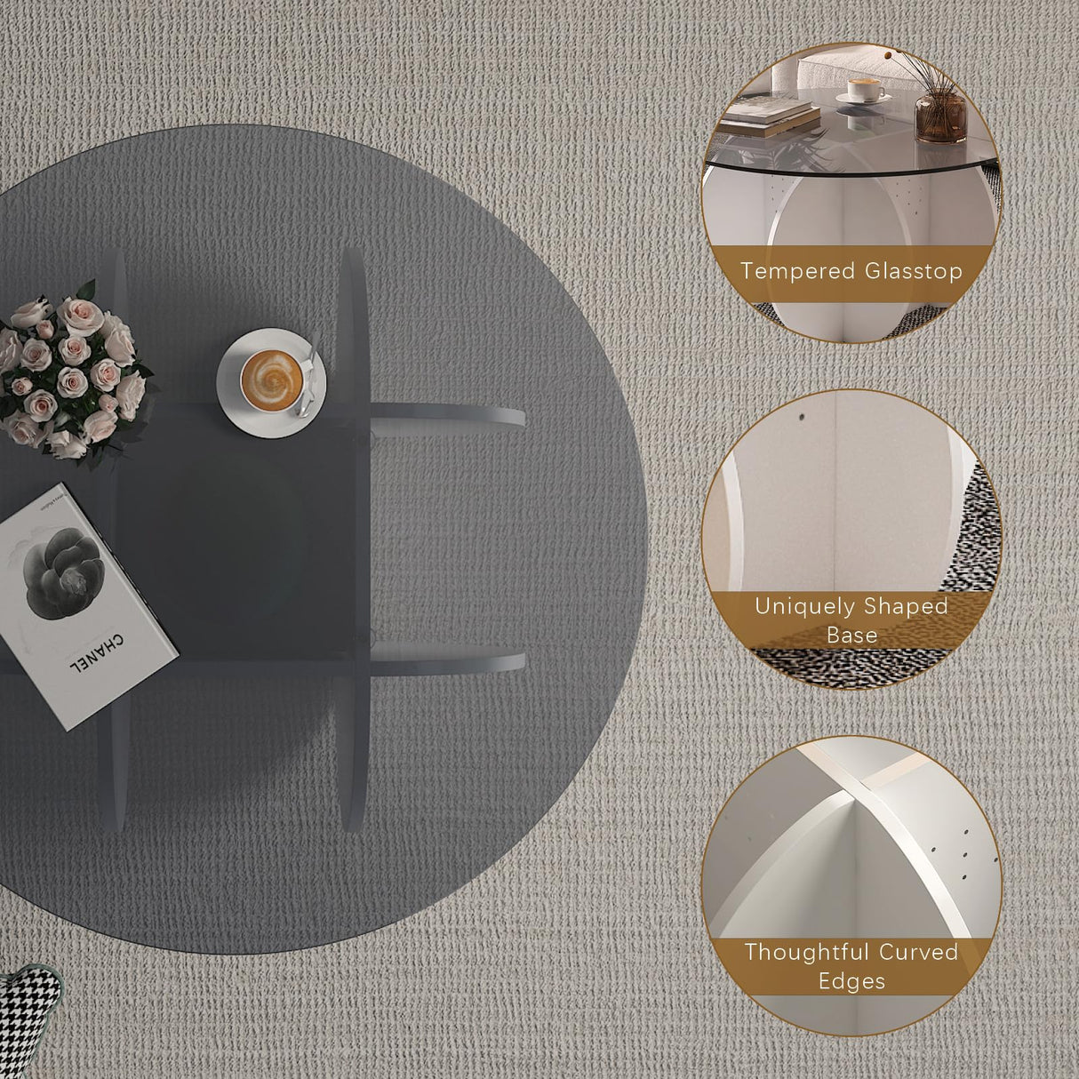 HedoAjim Round LED Coffee Table with Glass Top,Center Table with Storage for Living Room,Small Spaces, Office, and Lounge,32" White and Grey Glass Coffee Table with Smart Music Lamp HedoAjim