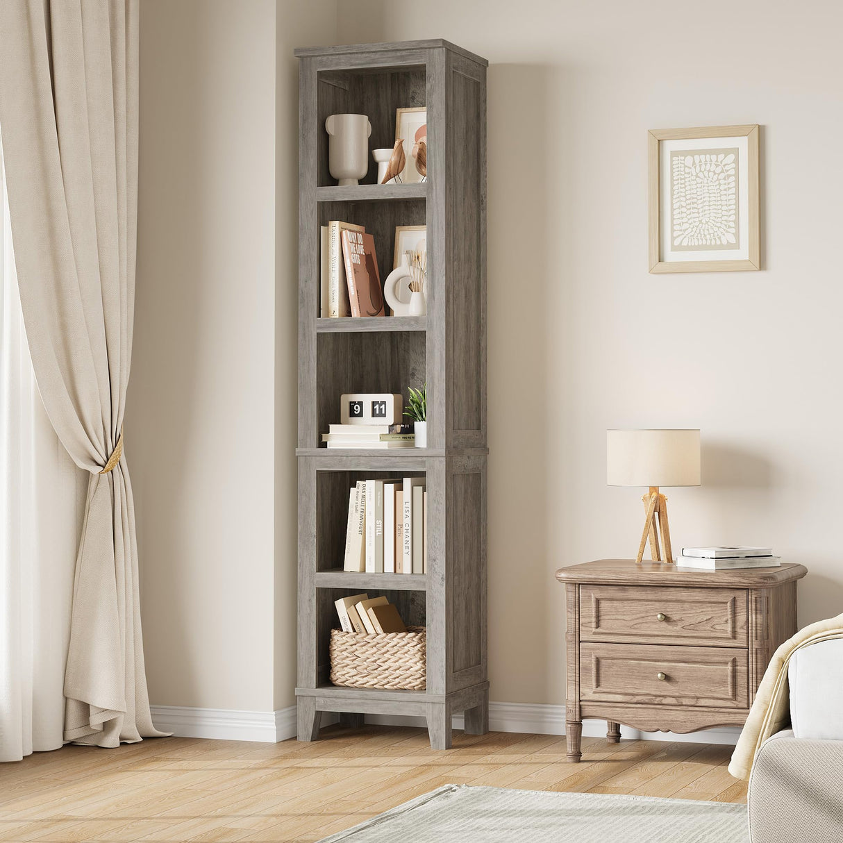 GarveeHome Narrow Bookcase 5 Tier Farmhouse Bookshelf Wooden Bookshelves Rustic Vintage Etagere Oak for Home Office, Living Room, Bed Room, Gray GarveeHome