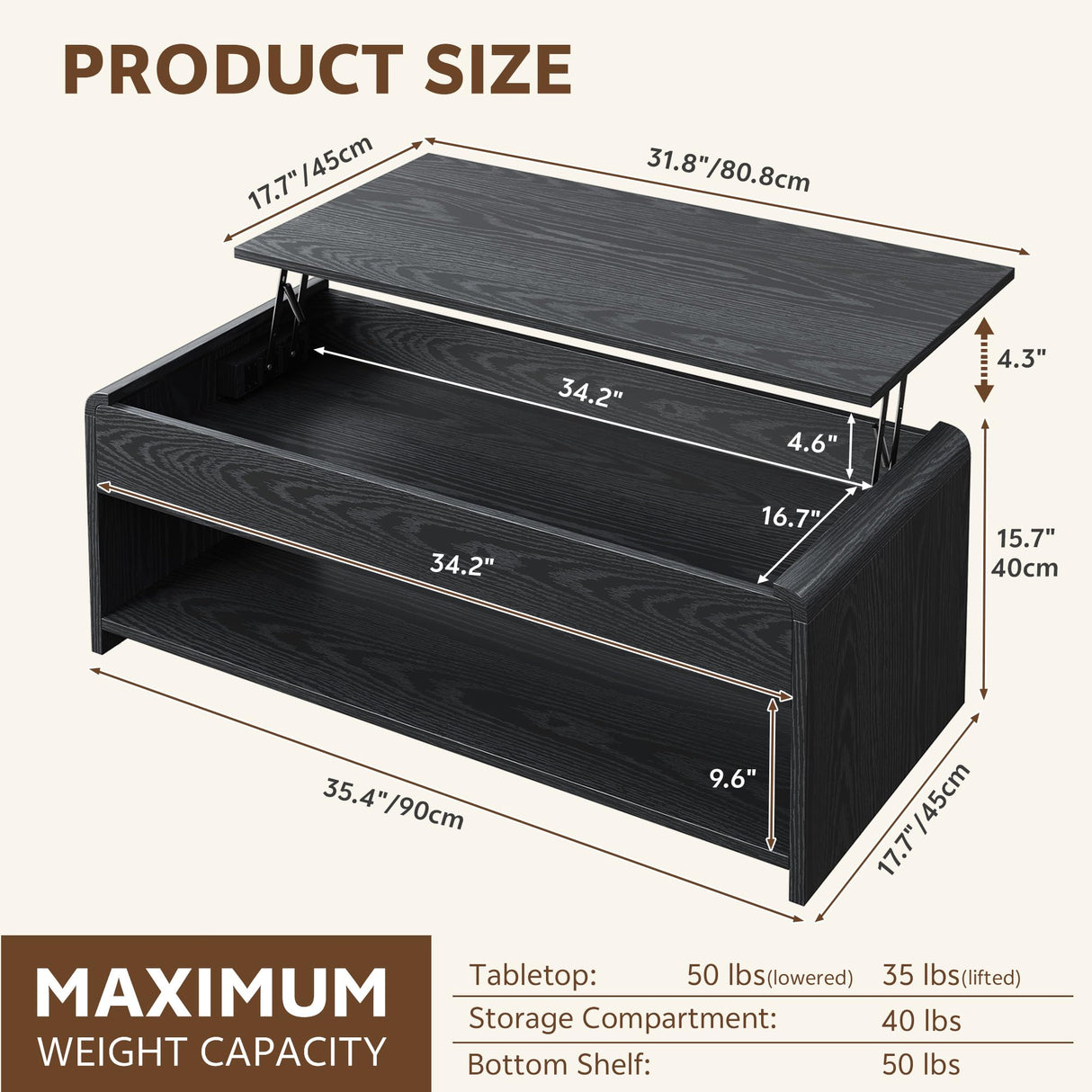 Homiflex Lift Top Coffee Table, 35'' Multi-Function Coffee Table with Hidden Compartment & Open Shelf, Curved Profile Design, Converts to Home Office Table, Dining Table for Living Room, Black Homiflex