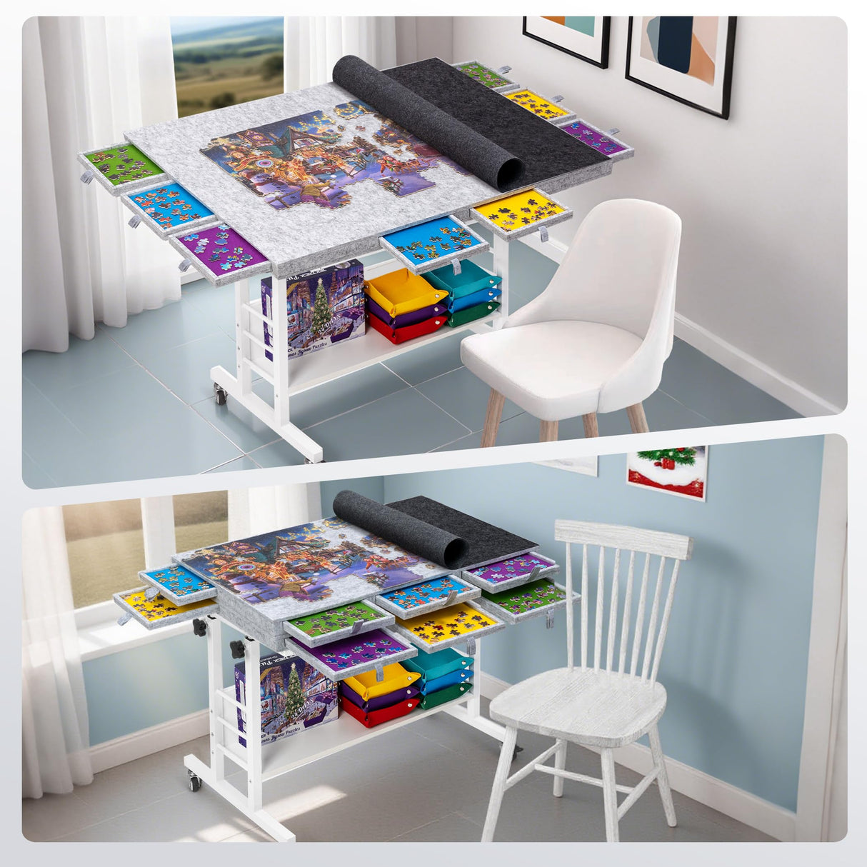 Tektalk 2000 Piece Foldable Felt Jigsaw Puzzle Board with Height Adjustment, Puzzle Table with 2 Felt Cover & 8 Sorting Trays/Drawers, Easel with Legs, Enclosed with 4 Roller Wheels - Light Gray Tektalk