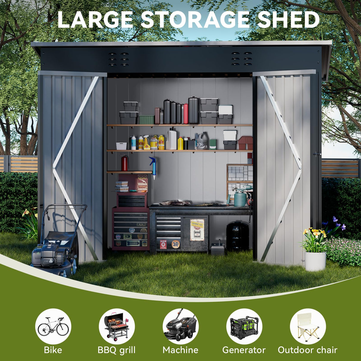 COMHOMA Shed Outdoor Storage Shed Metal,Lockable Doors Tool Sheds with Sloping Roof,Steel Garden Shed with Air Vent for Backyard,Patio,Lawn,Poolside (Grey, 8'*4') COMHOMA