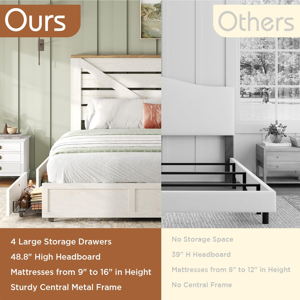 LUXOAK 48.8" H Queen Size Bed Frame with 4 Storage Drawers, Farmhouse Platform Bed with Barn Door Headboard, Rustic Wood Grain, No Box Spring Needed, Rustic White LUXOAK