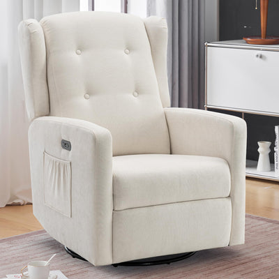 Ketaiyou Power Swivel Rocking Recliner Chair, High Back Electric Rocker Nursery Glider Chair, USB and Type-C Ports, Upholstered Fabric Reclining Single Sofa Chair for Living Room (Beige)