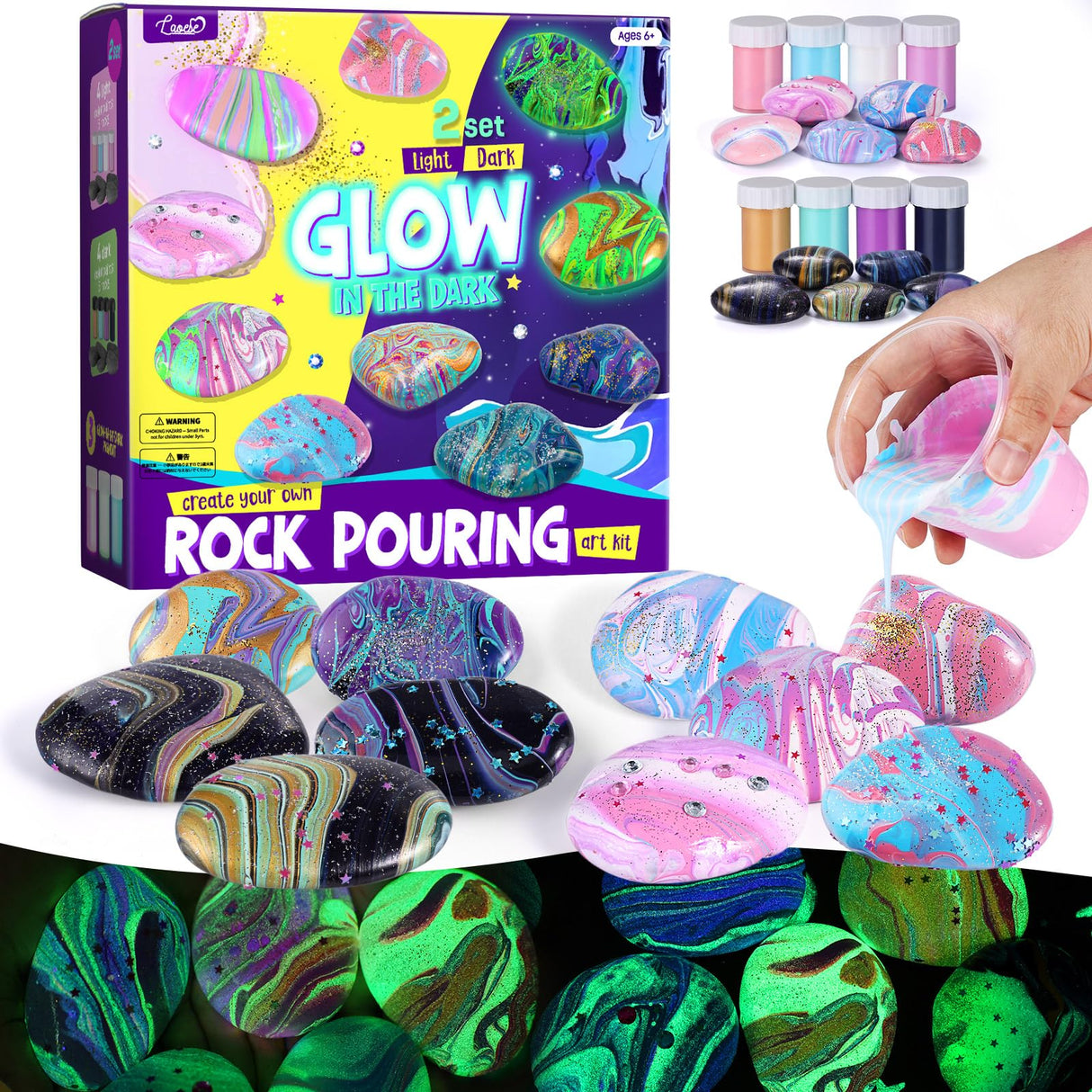 2 in 1 Rock Painting Art Kit - Glow in The Dark Pouring Rock Kit - Arts and Crafts for Kids Girls & Boys Ages 6-8, 8-12, Craft Paint Kits Art Toys, Art Supplies Christmas Birthday Gift for Kids LAOESE