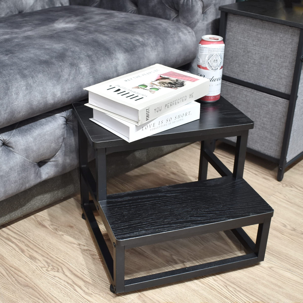 SZLHANJZ Step Stool, Bedside Steps for High Beds with Round Corners, 2 Steps Footstool for Adults, Metal and Wood Stepping Stool for Kitchen Bedroom, Load 500 LB, Black SZLHANJZ