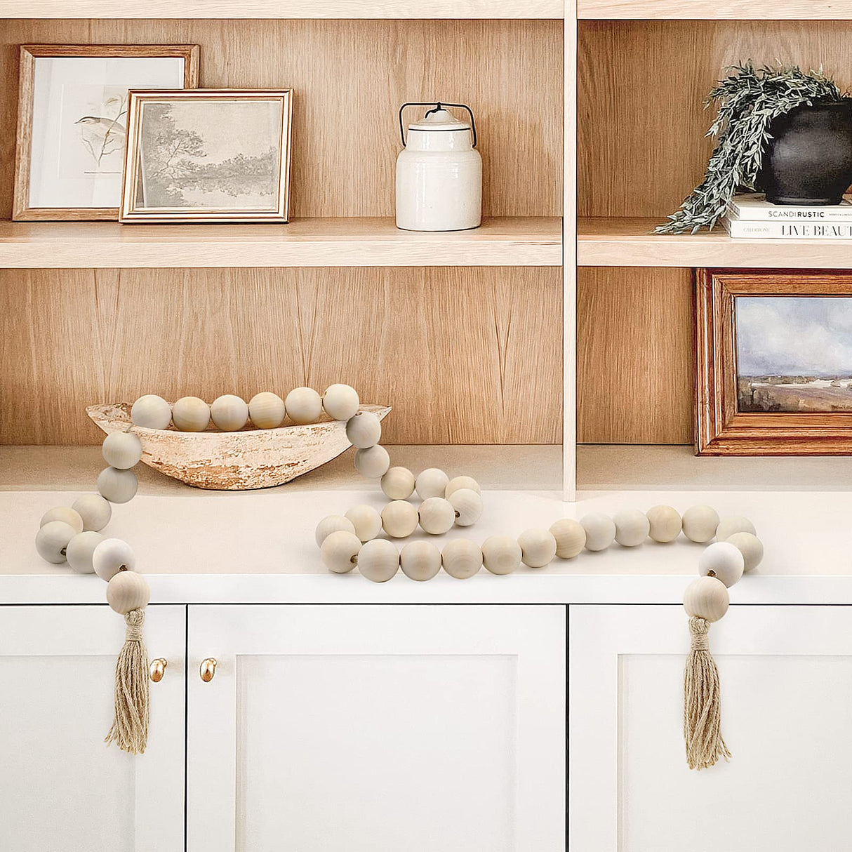 AceList 72in Large Wood Bead Garland Decorative Beads with Tassels, Long Wooden Beads Garland, Coffee Table Decor, Perfect Boho Farmhouse Bookshelf Mantel Tray Centerpiece Ornament (1.5" Diameter) AceList