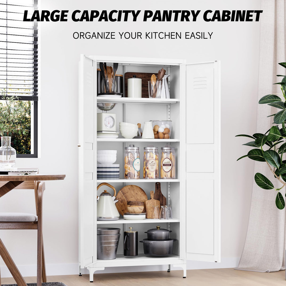 Metal Storage Cabinet with Doors and Shelves,White Storage Cabinet,Food Pantry Storage Cabinet,5 Tier Metal Pantry Cabinet,Tall Large Closet Cupboard for Home,Kitchen,Dining/Living/Laundry Room SISESOL