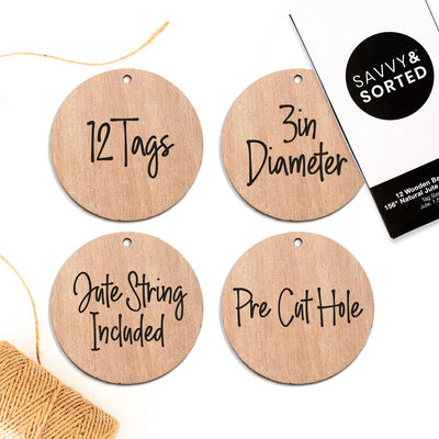 12 Round Wood Ornament Tags - 3" Wooden Tags Wood Circles for Crafts with Precut Hole + Jute String - Basket Labels Hanging Label Tags Round Wood Circle Ornament Hanging Tags - Personalized Gift Tags
