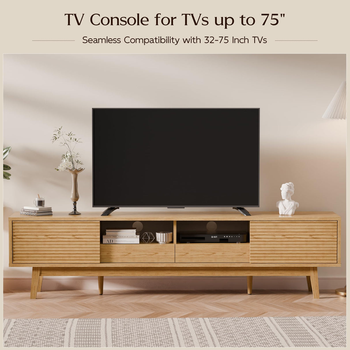 TOLEAD 70" TV Console, Mid Century Modern Media Console for 55/65/75 Inch TV, Low Profile TV Stand with Fluted Sliding Doors, Boho Light Wood Credenza for Living Room, Oak TOLEAD