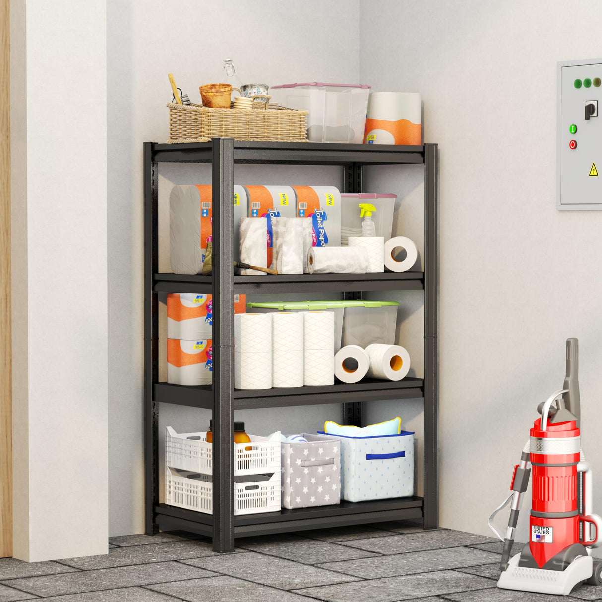 63"H Storage Shelves, 4 Tier Shelving Unit, Industrial Storage Unit, Metal Shelving Units, Adjustable Shelf Tool Storage Shelves for Garage, Garden, Outdoors, Black (35.4"W X 15.8"D X 63"H) PRESTELION