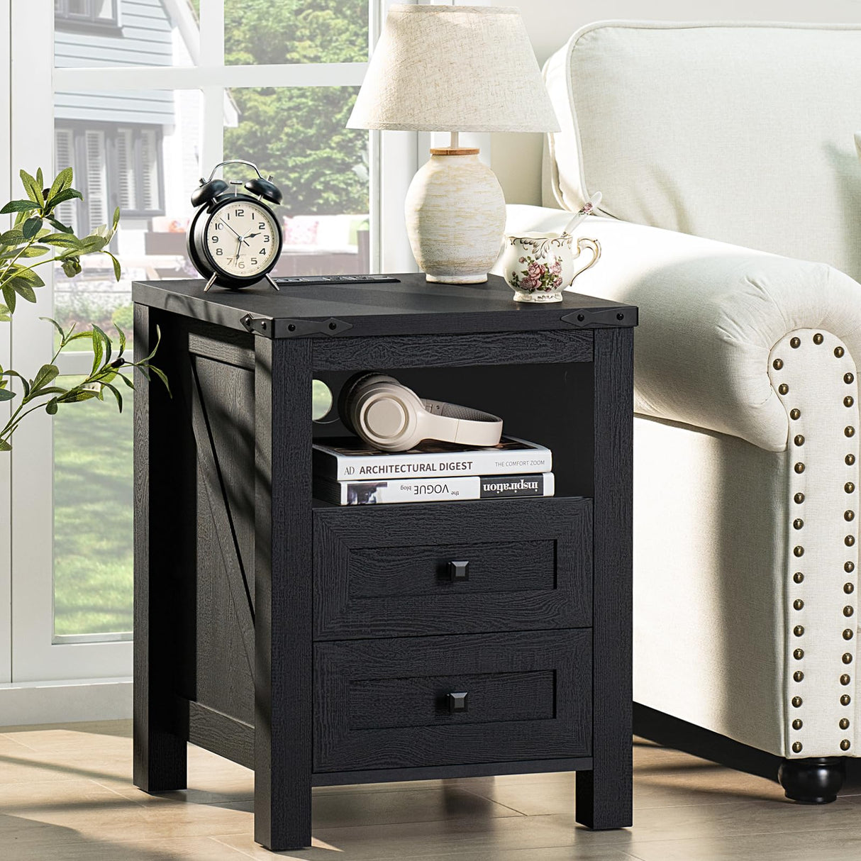 Joaxswe Nightstand with Charging Station and USB Port, Farmhouse Night Stand with 2 Drawers and Shelf Storage, Wooden Side End Table, Bedside Cabinet for Bedroom, Living Room, Closet,Office (Black) Joaxswe