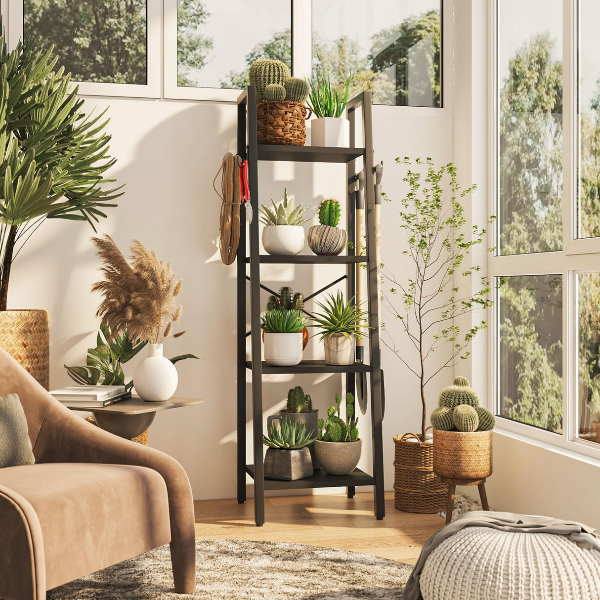YMYNY 4 Tiers Ladder Bookcase, Industrial Narrow Bookshelf, Open Display Rack with 4 S Hooks, Metal Storage Shelves for Bedroom, Home Office, Living Room, Black, 49.2H*13.4L*11.8W, UHBC024B YMYNY