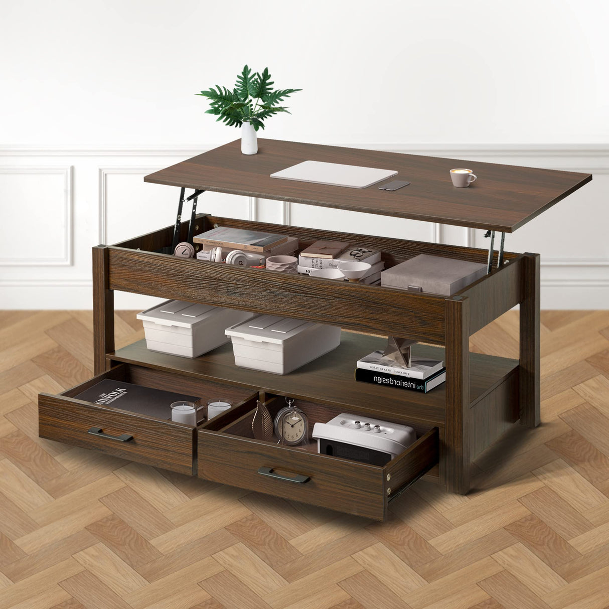 FABATO 41.7'' Coffee Table, Lift Top Coffee Table with Storage Drawers and Hidden Compartment, Retro Central Table with Wooden Lift Tabletop for Living Room, Espresso FABATO