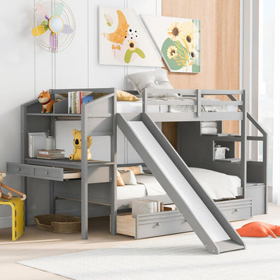 Bellemave Twin Over Twin Bunk Bed with 4 Drawers and Storage Staircase, Wood Bed Frame with Desk and Shelves, Twin Beds with Slide and Full-Length Guardrails for Kid's Room or Dormitory, Gray
