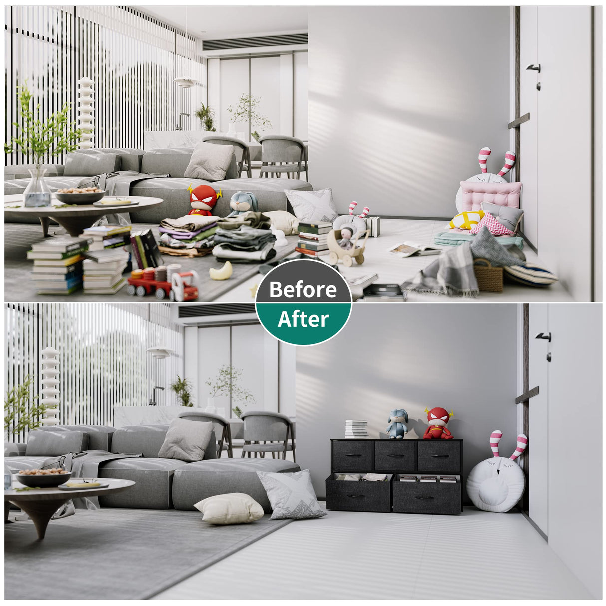 YITAHOME Wide Storage Tower with 5 Drawers - Fabric Dresser, Organizer Unit for Bedroom, Living Room, Closets - Sturdy Steel Frame, Easy Pull Fabric Bins & Wooden Top (Black/Grey) YITAHOME