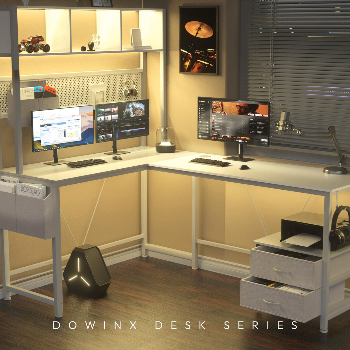 Dowinx L Shaped Desk with Pegboard and Drawers, Reversible 67” Gaming Desk with RGB Light and Power Outlet, Computer Corner Desk with Storage and Hutch for Game Office Home, White Dowinx