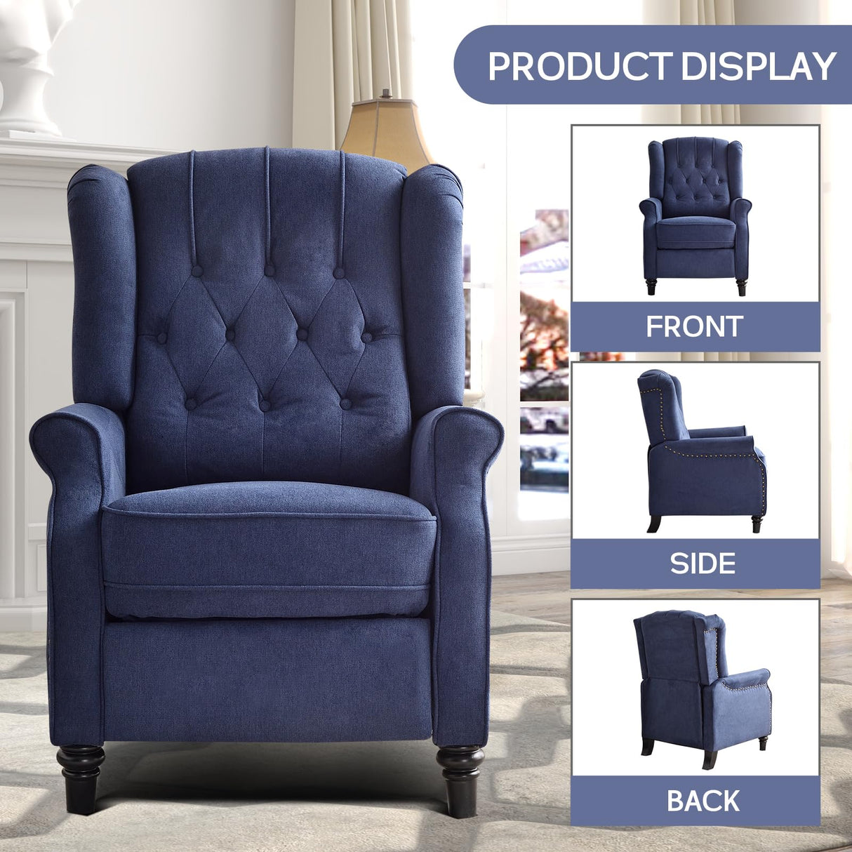 IOMOR Push Back Recliner Chair Fabric Lounge Armchair Pushback Recliner with Rivet Decoration Wingback Single Sofa Chair with Padded Seat for Living Room, Bedroom (1, Navy) IOMOR