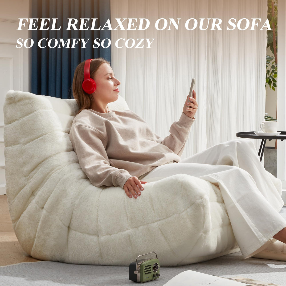 Cansunna Bean Bag Chair Big Sofa Beanbag Chair for Adults Fireside Chair Bean Bag Lounger with Memory Foam Filled for Home,Apartment or Gaming Venue (White Plush) Cansunna