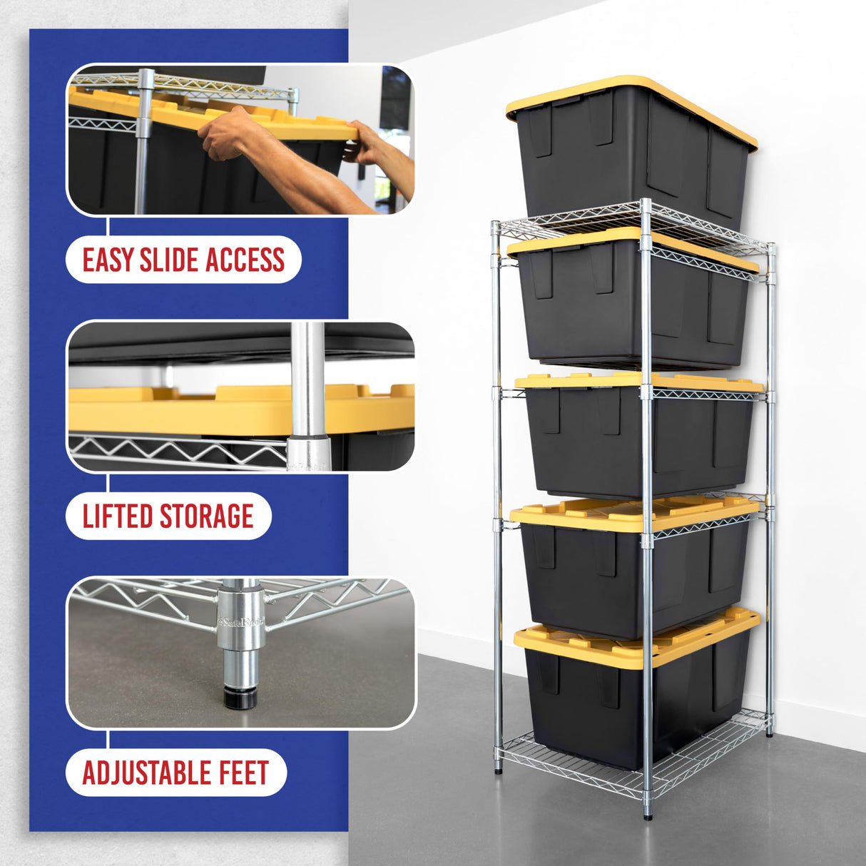 SafeRacks 5-Tier Steel Tote Rack WS-BR27 - Maximize Space, Declutter, NSF Certified, Bin Storage for Garage, Pantry, Kitchen, 31" x 23" x 68" (Silver, 1 Pack) SafeRacks