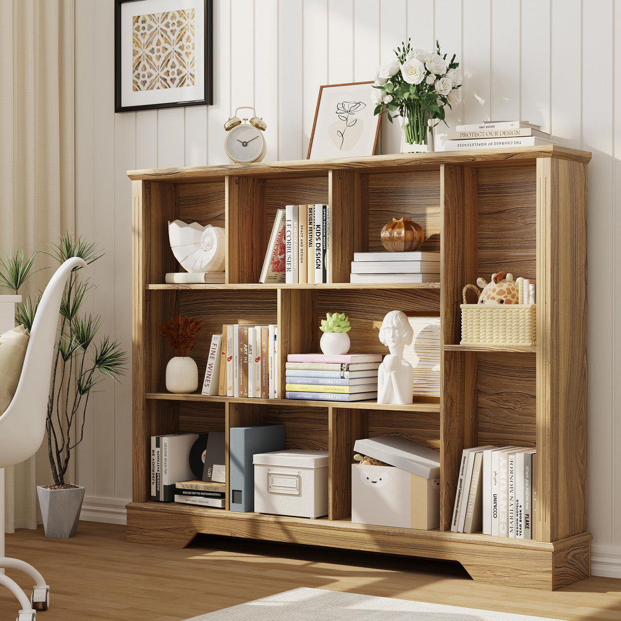 Vividwood 10-Cube Storage Organizer &TV Stand with Adjustable Shelf, Farmhouse Cube Bookcase with Fluted Front Trim for Living Room, Bedroom & Home Office – Rustic Brown Vividwood