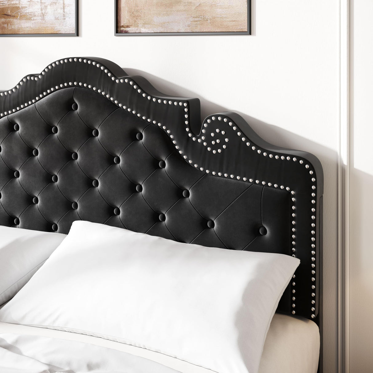 SHA CERLIN Full Size Bed Frame with Adjustable Headboard/Velvet Upholstered/Diamond Button Tufted and Metal Studs/No Box Spring Needed/Wood Slat Support/Easy Assembly/Black SHA CERLIN