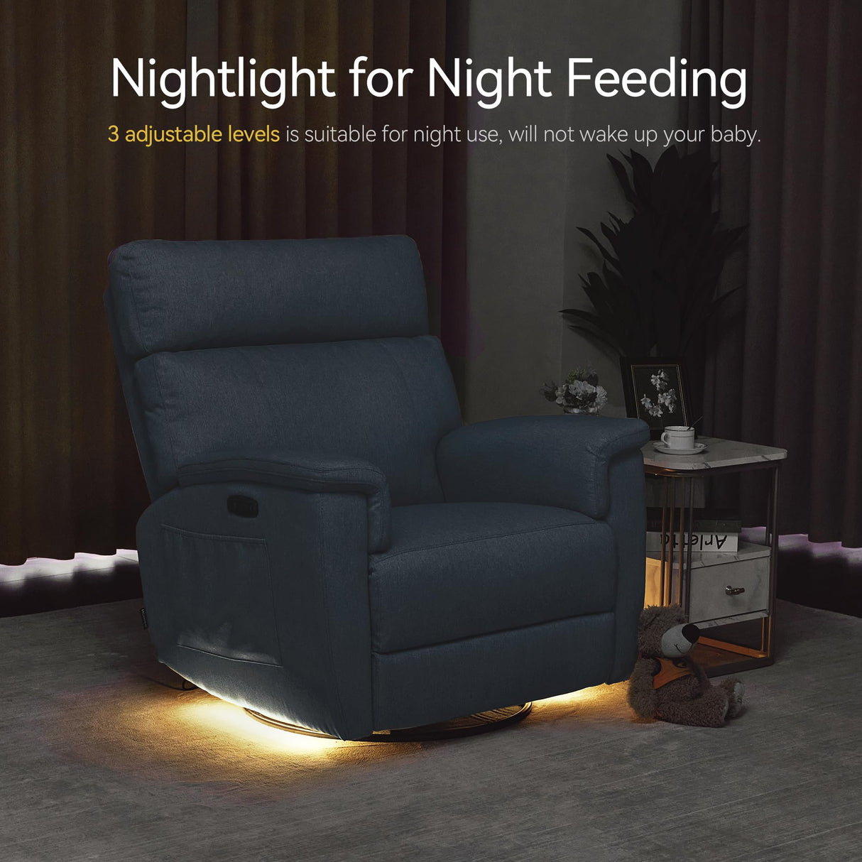 MCombo Oversized Swivel Glider Rocker Recliner with Adjustable Headrest, Dual Motor Power Recliner for Nursery, Led Nightlight, Fabric PR601 (Pacific Blue) MCombo