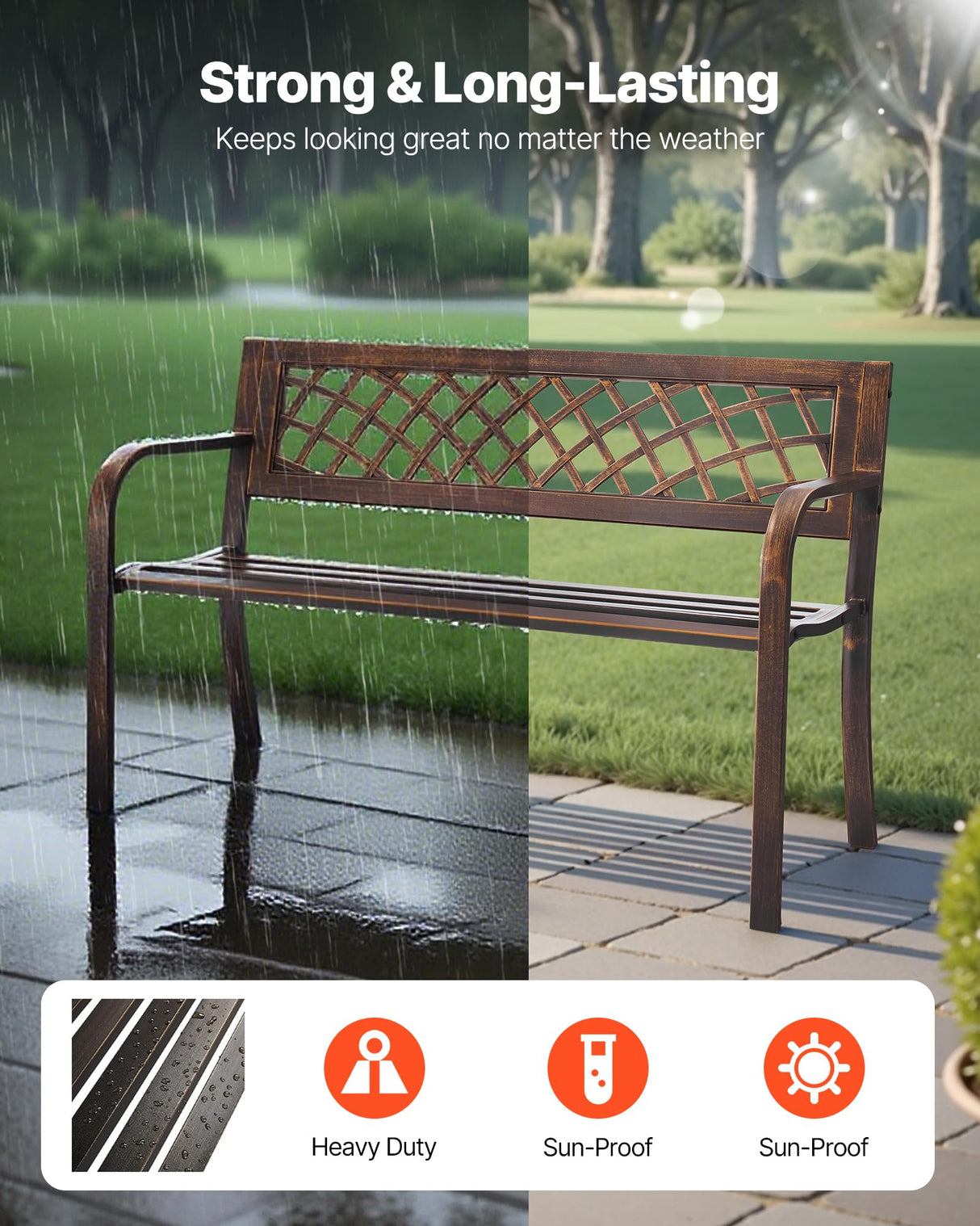 VEVOR Outdoor Bench, 46 inch, Carbon Steel Metal Frame with PVC Mesh Pattern Backrest and Round Edge Armrests, Weatherproof Outside Bench for Patio, Garden, Park, Yard, Front Porch, Antique Bronze VEVOR