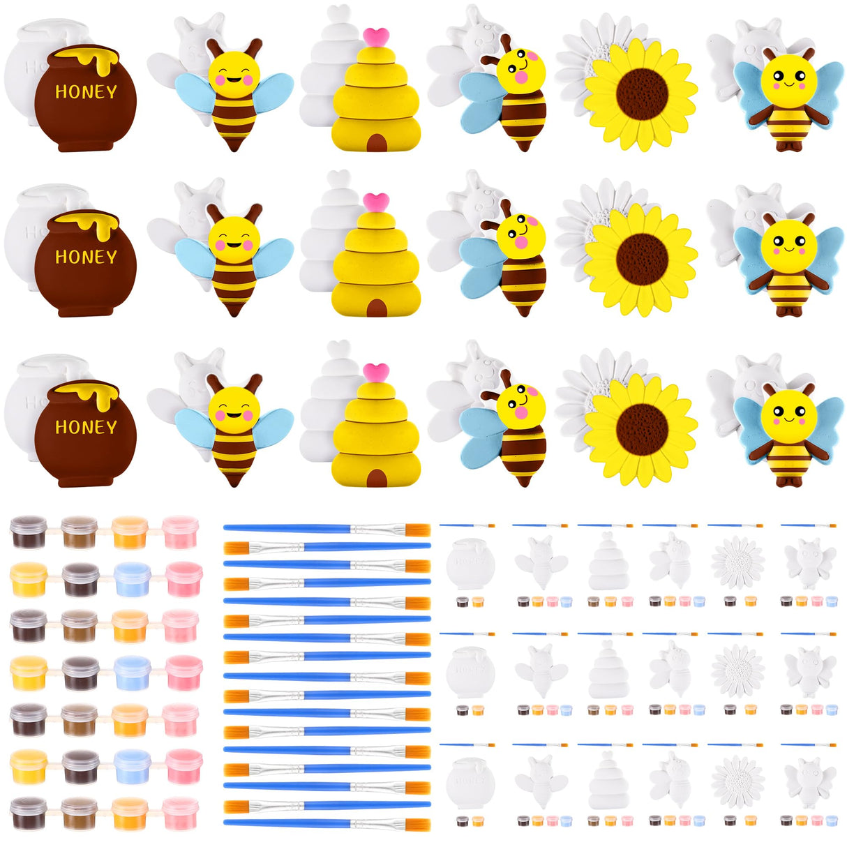 Geelin 18 Set Bee DIY Painting Kit Summer Ceramic to Paint Your Own Bee Statues Unpainted Plaster Figurines Brushes Acrylic Paints Bags Party Favor for Adults Geelin