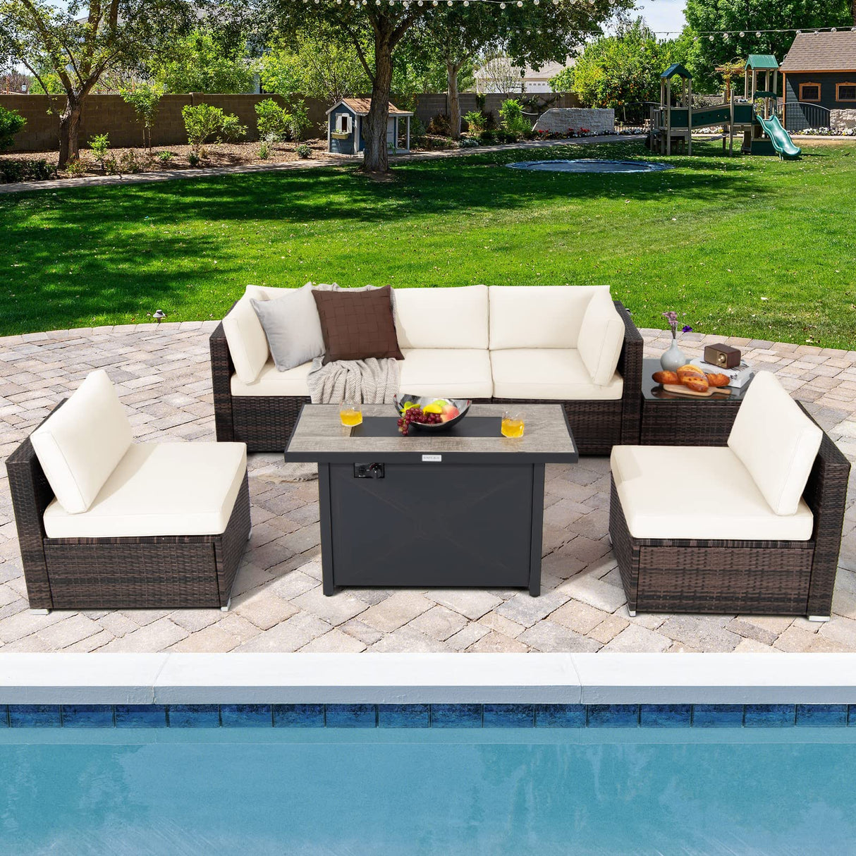 Tangkula 7 Piece Patio Furniture Set with Fire Pit Table, Includes 42 Inches 60,000 BTU Propane Rectangle Fire Pit and Protective Cover, Outdoor Cushioned Sectional Sofa Set for 5 (Off White) Tangkula