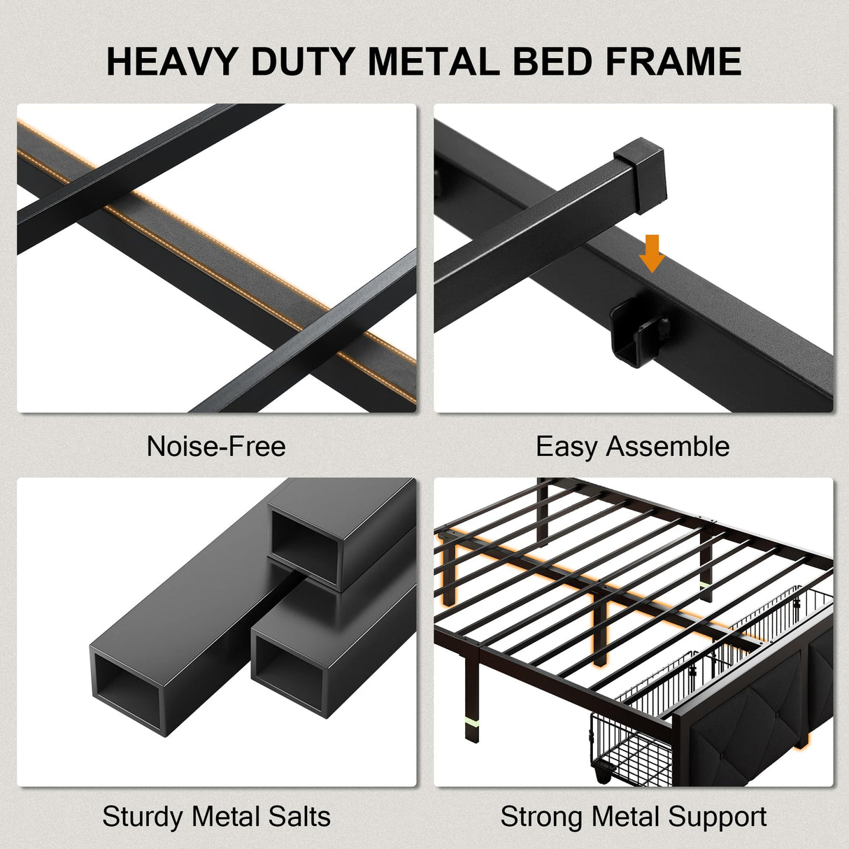 Einhomn King Size Bed Frame with 2 Storage Drawers, Metal Platform Bed with Charging Station, Upholstered Button Tufted Storage Headboard, No Box Spring Needed, Noise-Free, Easy Assembly, Black Einhomn