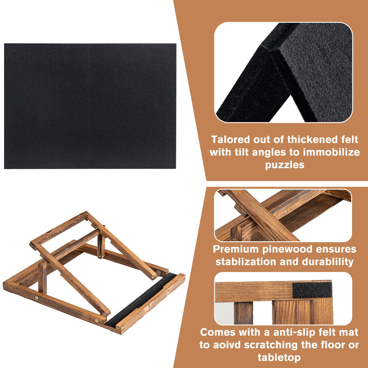 Tektalk Foldable Jigsaw Puzzle Board with 3 angle adjustable Bracket / Stand, Lightweight Portable Puzzle Mat Plateau with Wooden Easel, Foldaway Felt Puzzle Table, for Up to 1000 Pieces - Black Tektalk