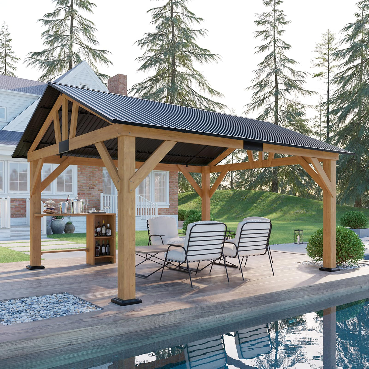 AMERLIFE 13x15 ft Spruce Wood Gazebo, Outdoor Gazebo with Bar Storage, Hardtop Wooden Paviloinwith Metal Steel Gable Roof, Patio, Garage, Black + Natural Wood AMERLIFE