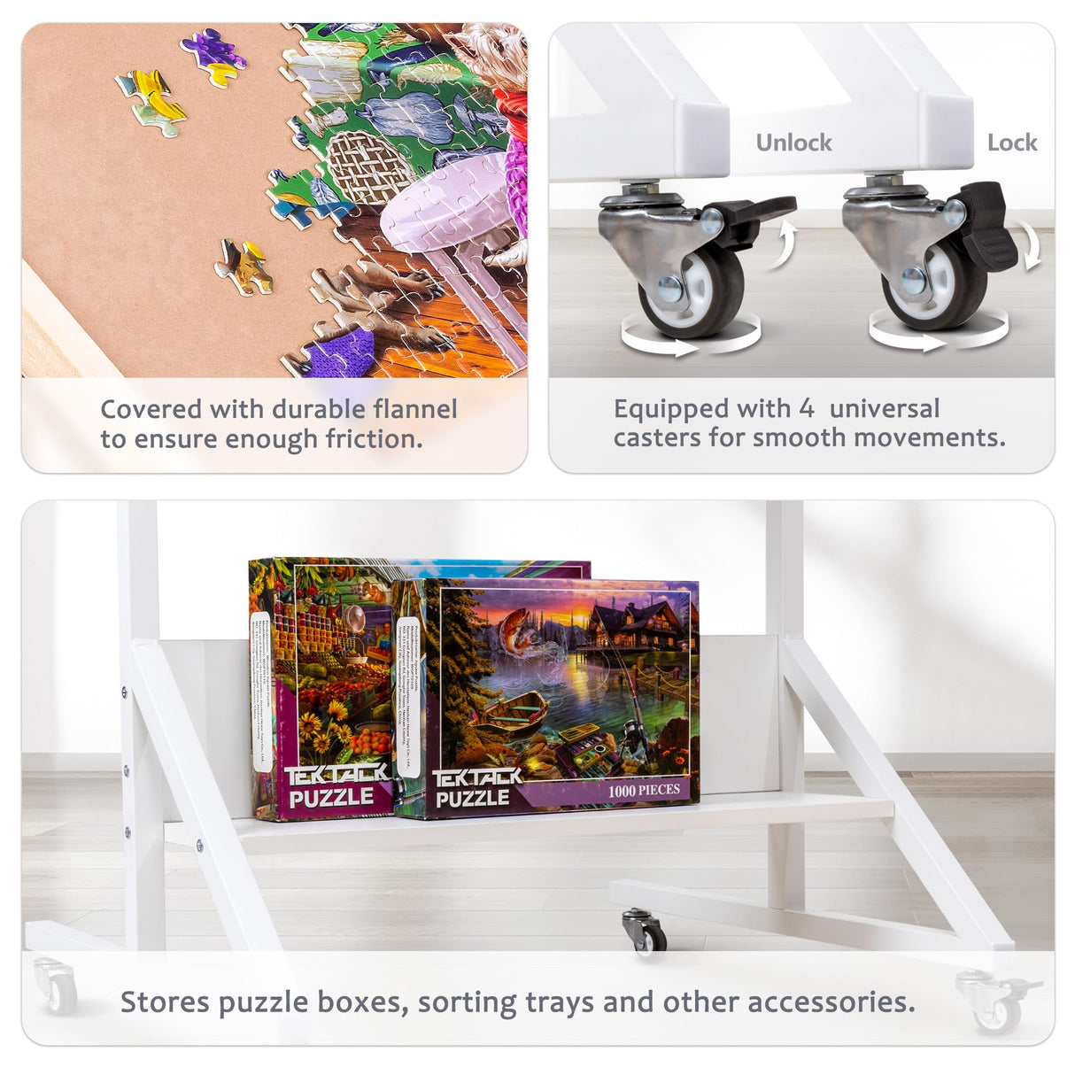 Tektalk Rotating Jigsaw Puzzle Table with Angle & Height Adjustment, Wooden Puzzle Board with Cover & 4 Colored Drawers, Tilting Puzzle Easel with Legs & 4 Roller Wheels, for Up to 1500 Pieces Tektalk