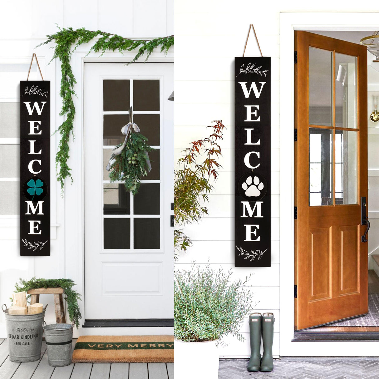 Welcome Sign for Front Door, 47 x 7.9 Wooden Sign with 10 Interchangeable Icons for Porch Standing, Farmhouse Seasonal Decor (Black) PERFNIQUE