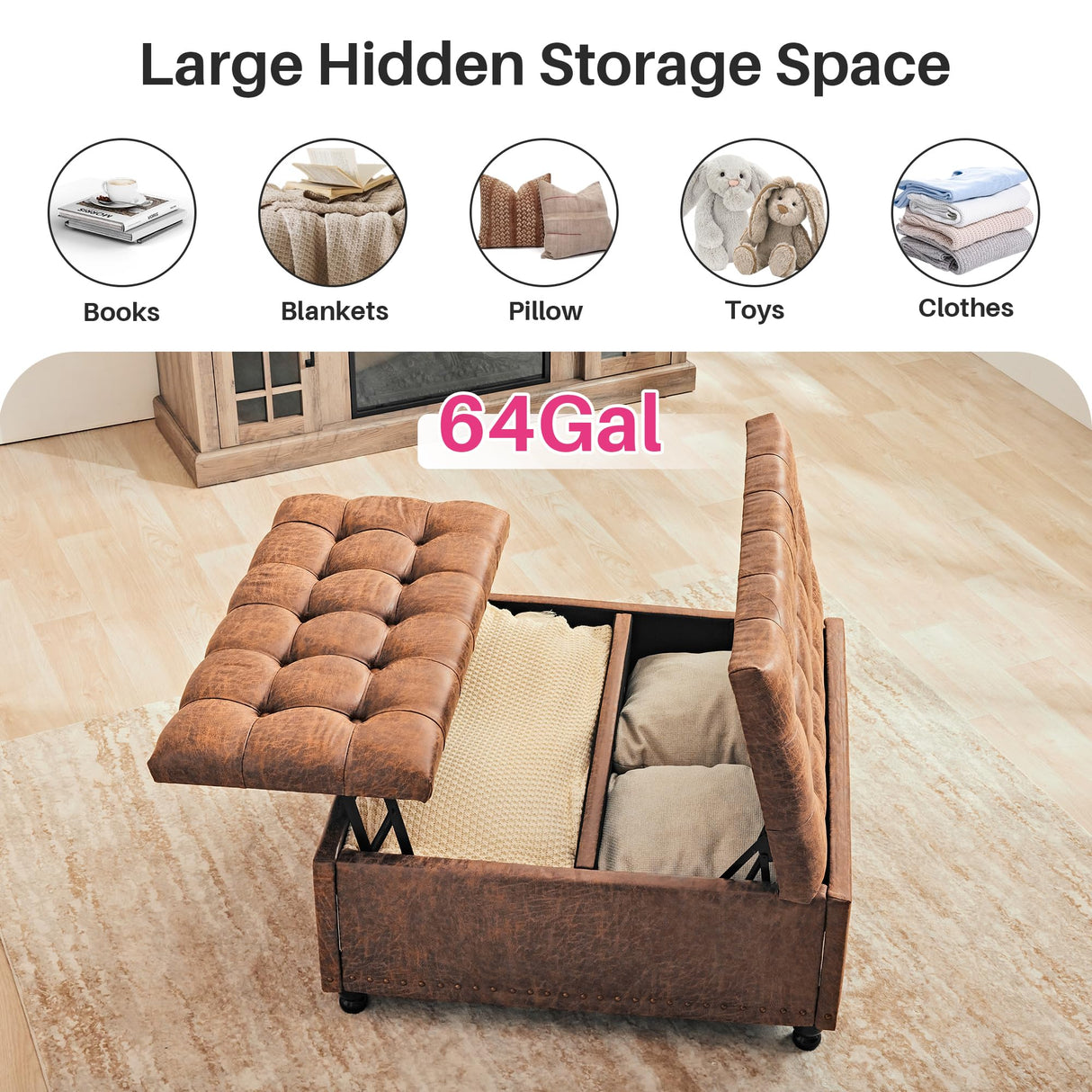 Redlife 35 Inch Large Square Storage Ottoman Bench, Storage Ottoman Coffee Table Large Square Ottoman with Storage Lift Top Tufted Storage Ottoman for Living Room (Brown Leathaire) Redlifeᅟᅠ