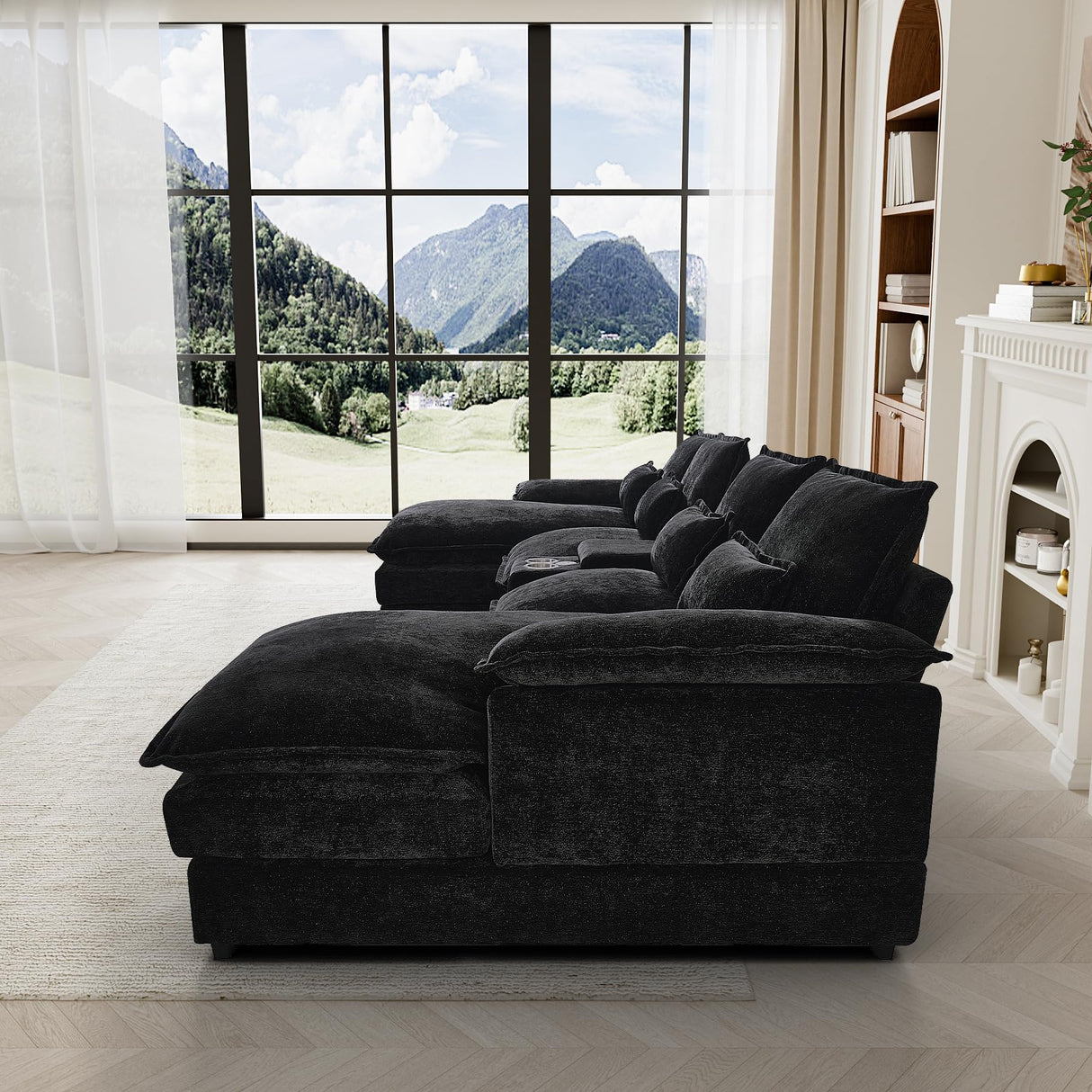 HYJT-H&K 124" U Shaped Cloud Couch Sectional, Comfy Fluffy Chenille Black Sectional Couches for Living Room, Modern Modular Sectionals Sofa with Central Console Double Chaise Lounge Black HYJT-H&K