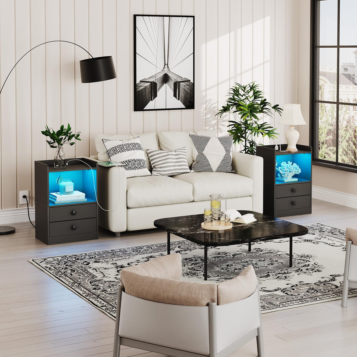 HOOBRO Nightstand with Charging Station, Modern Night Stand with LED Lights, Side Table with 2 Drawers, Bedside End Table with USB Ports and Outlets, Night Stands for Bedroom, Black BK28UDBZ01 HOOBRO