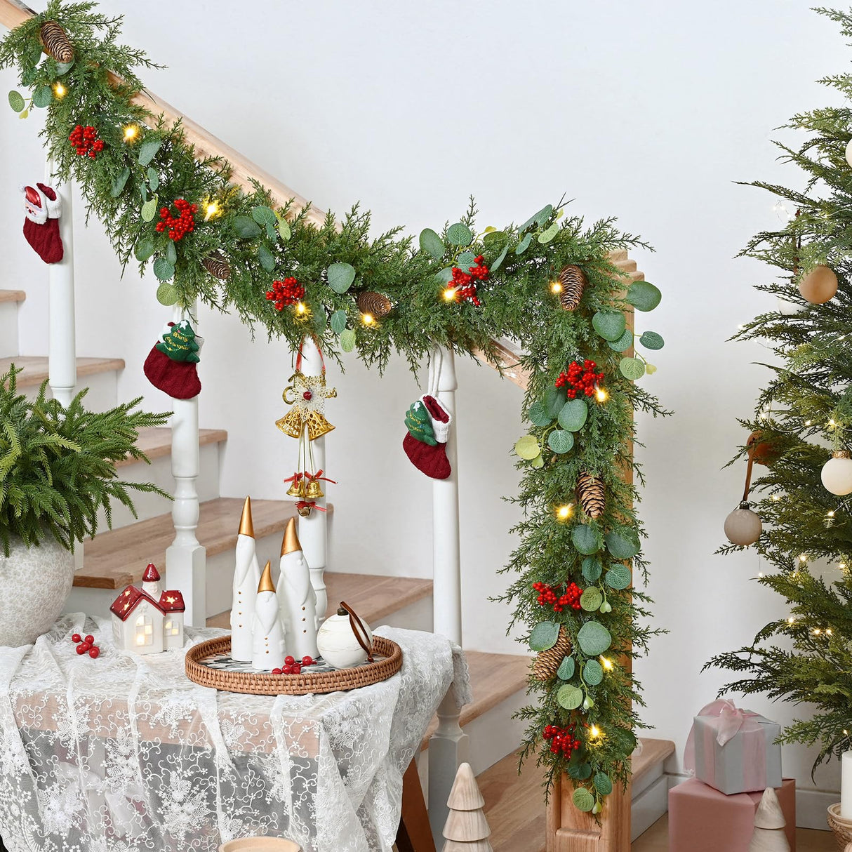 Waipfaru Christmas Decorations, 5.9FT Christmas Garland with Lights, Prelit Lighted Christmas Greenery Cedar Garland Cypress for Home Table Mantel Stair Railing Indoor Outdoor Xmas Decor Waipfaru