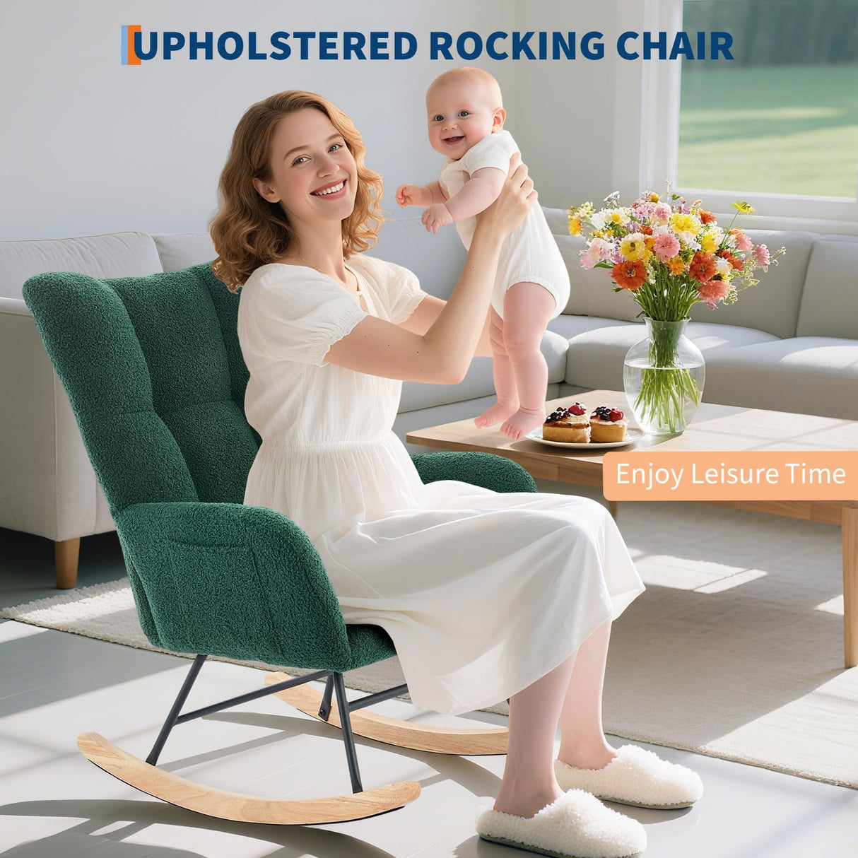 Rocking Chair Nursery Teddy, Upholstered Baby Fluffy Glider Rocker for Adults Small Spaces Indoor, Nursing Chairs for Living Room, Bedroom, Classroom(DarkGreen) GarveeHome