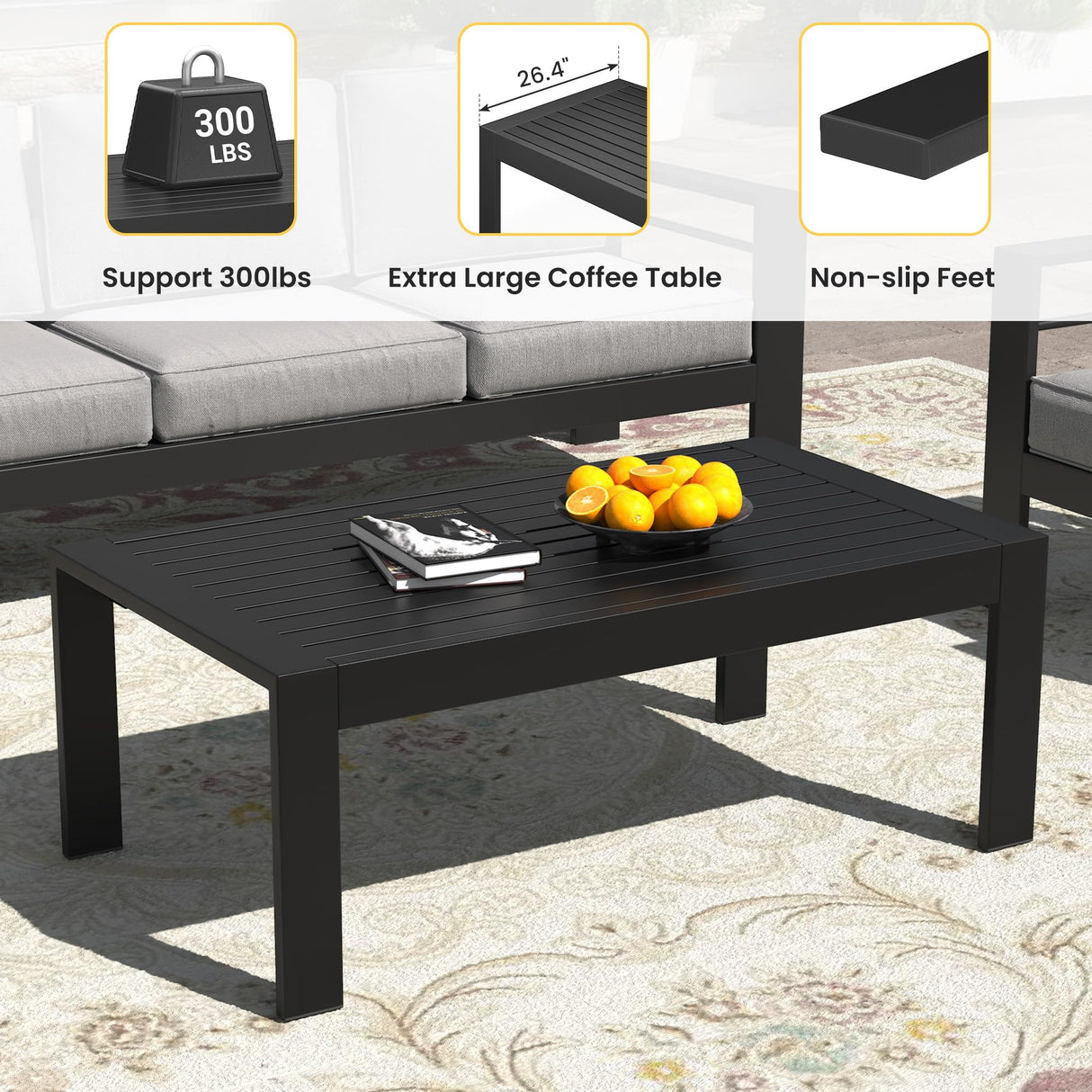 Wisteria Lane Outdoor Furniture Patio Coffee Table, Rectangle Outdoor Coffee Table, All-Weather Patio Metal Coffee Table for Balcony, Garden, Deck, Backyard, Black Wisteria Lane