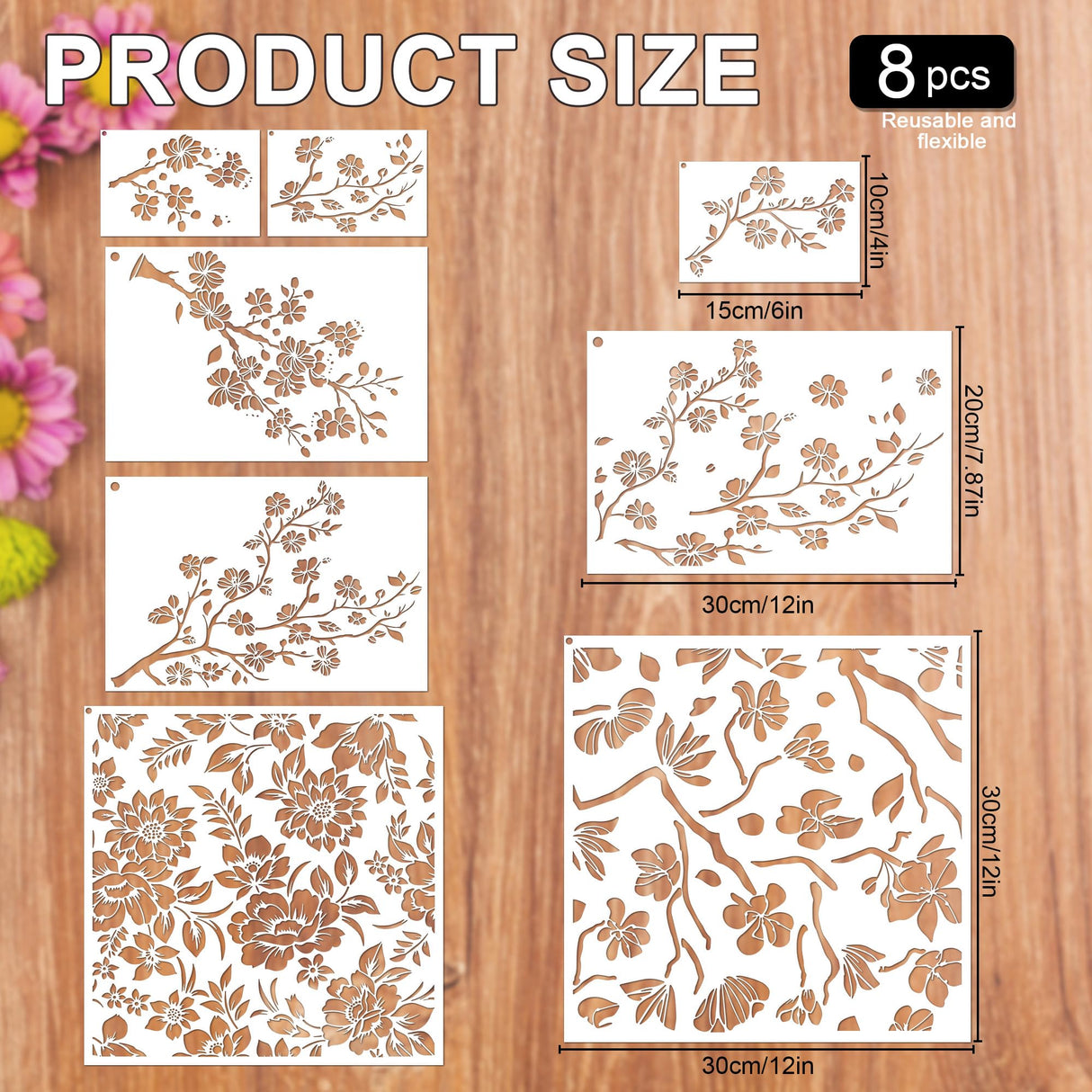 Keluna Flower Stencils for Painting - 8 Pcs Reusable Flower Crafts Templates Spring Stencils for Painting on Wood Wall Fabric Rock Dot Painting Art Projects Keluna