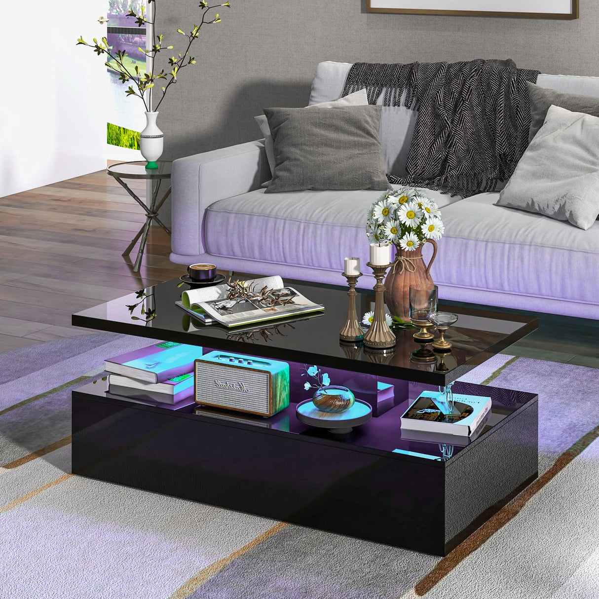 Tangkula LED Coffee Table, Modern High Gloss Coffee Table w/ 20-Color LED Lights, Adjustable Speed & Brightness, Remote Control, Open Shelf, 2-Tier Rectangle Living Room Center Table (Black) Tangkula